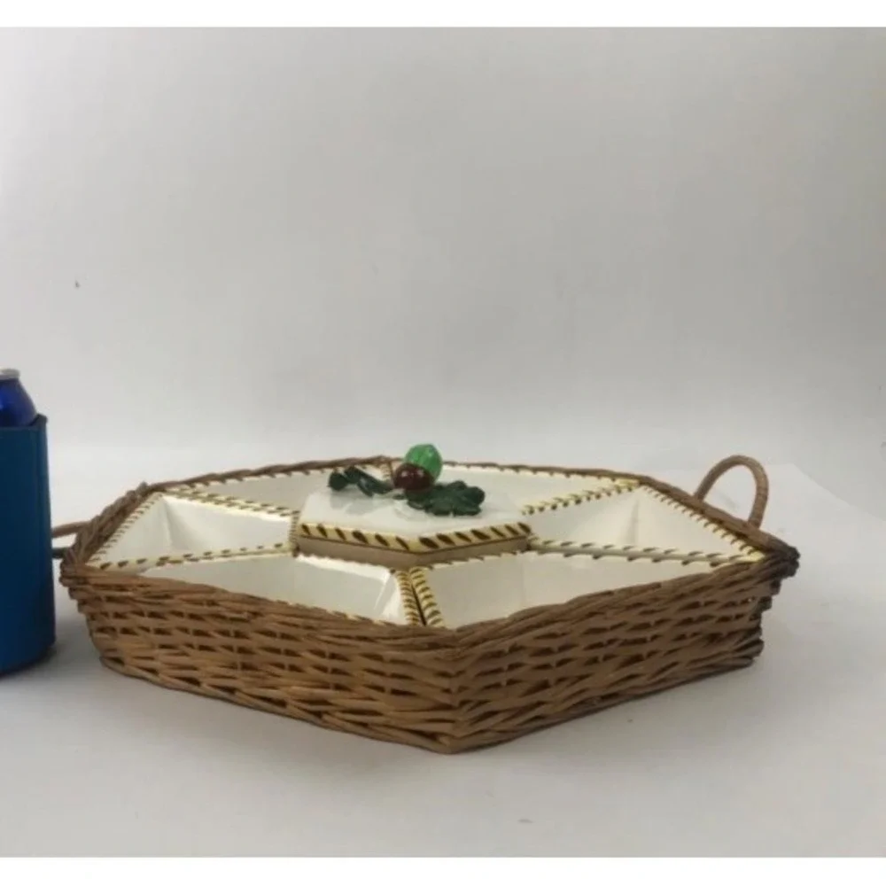 Vintage Japan Ceramic Sectional Relish Dish Woven Basket Fruit Acorn Lid 7 Pc